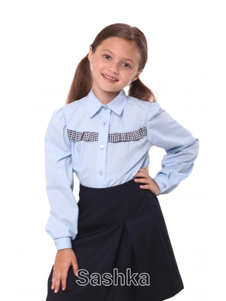 Блуза для дівчинки Sashka класична шкільна блакитна з кокеткою, розмір 116-170